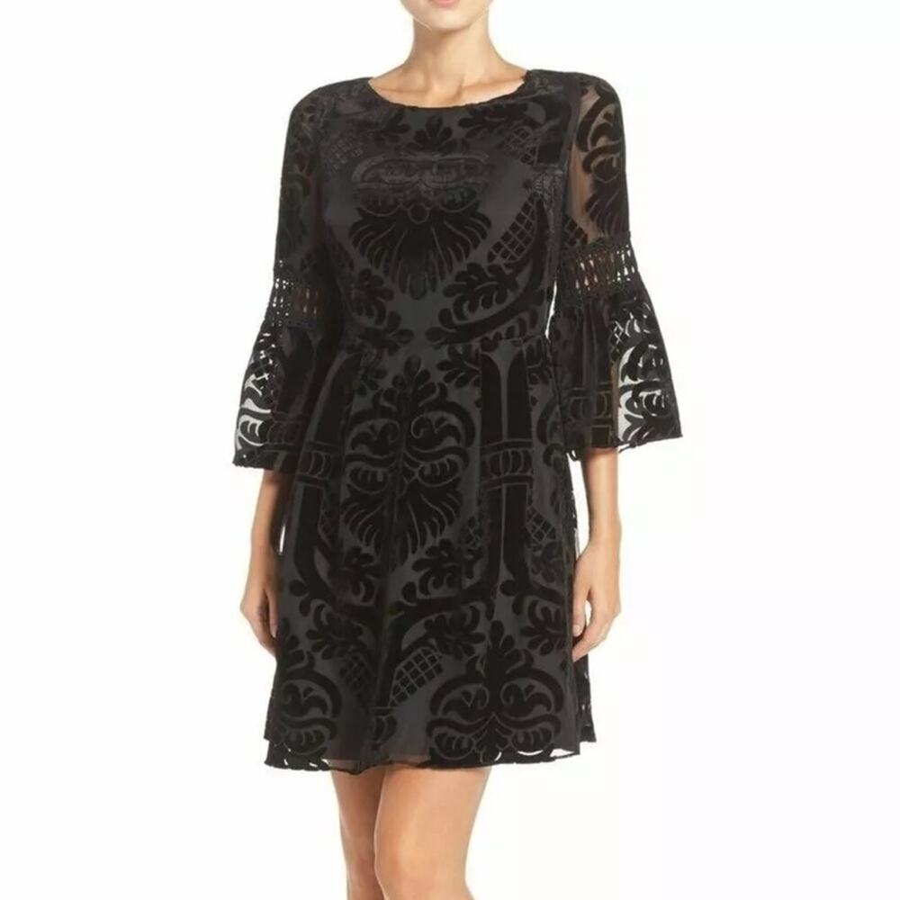 Eliza J Black Velvet Bell Sleeve Fit & Flare Dress Size 8P
